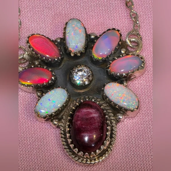 Opal & Purple Spiny & CZ Sterling Gemstone Necklace